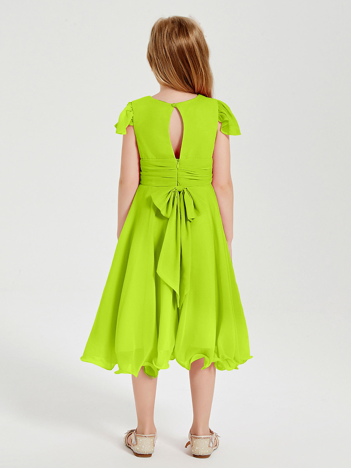 Chiffon Tea Length Junior Bridesmaid Dresses Lime Green